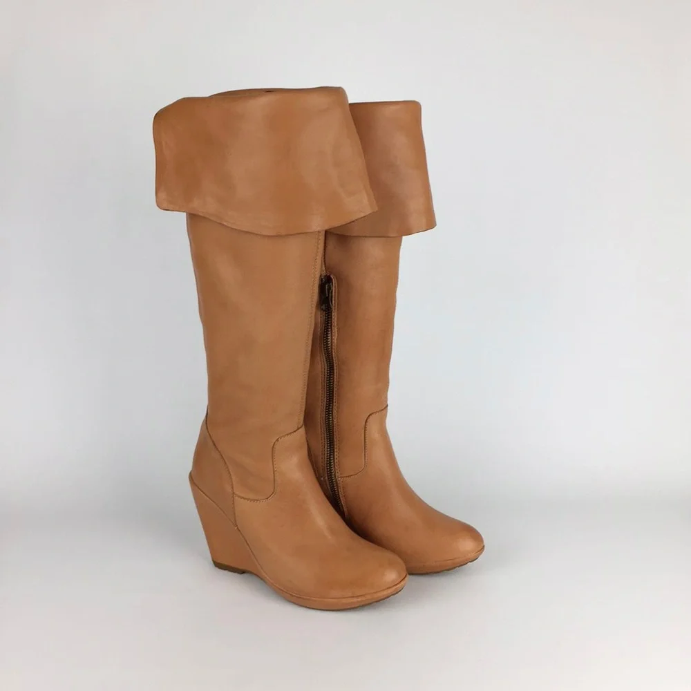 Kork Ease Adrianne Tan Leather Tall OTK Over the Knee Wedge Boot 6
